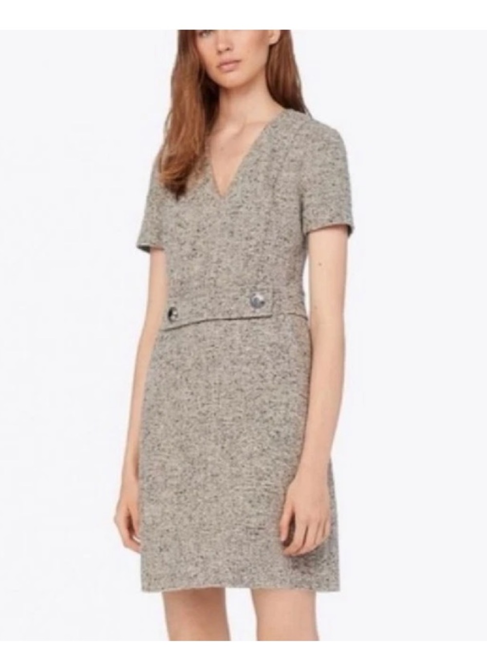 Tory Burch V-Neck Short Sleeve Tweed Shift Dress in Heathered Gray